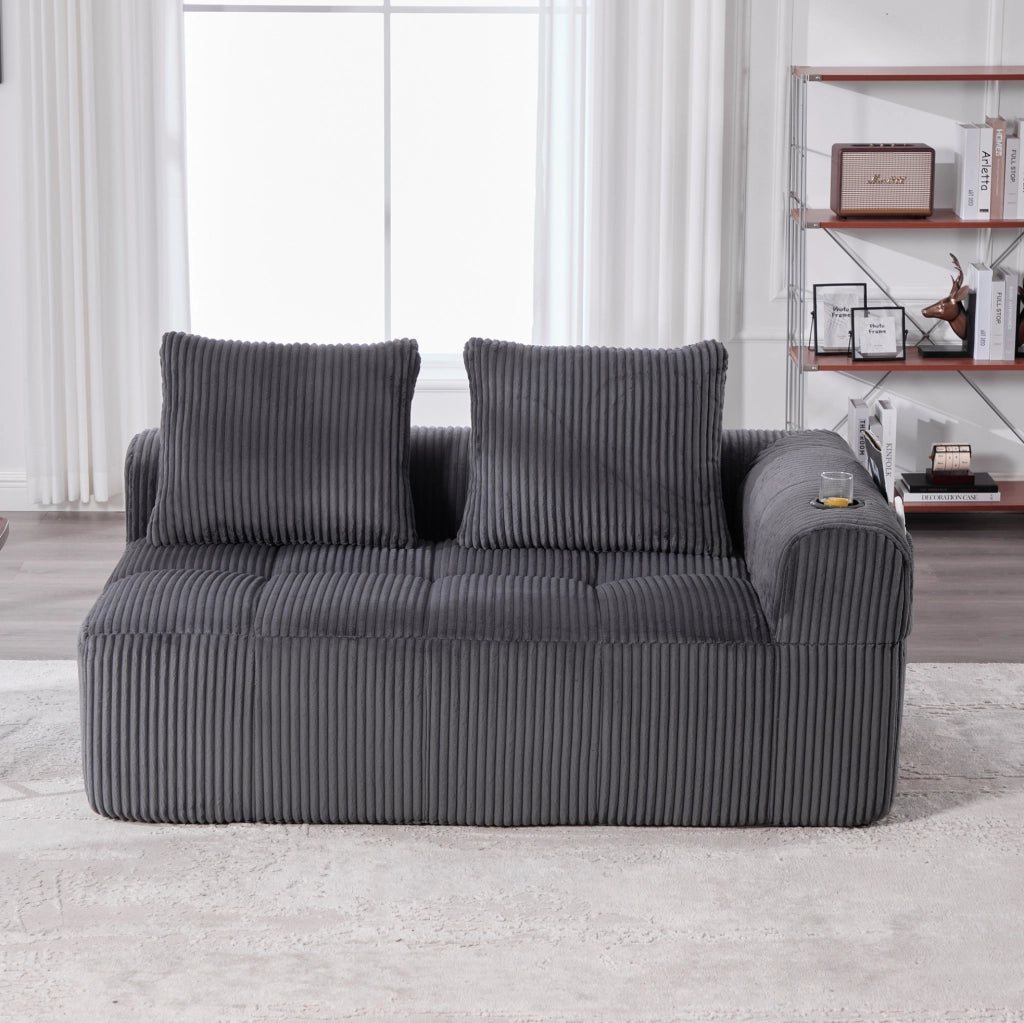 Divano a 2 posti in tessuto corduroy grigio scuro 158x93x61 cm con tasche laterali e portabicchieri