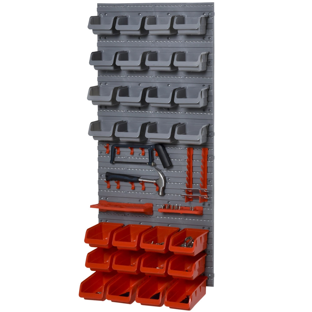 Scaffale da Parete Portautensili 44 Pezzi ¨C Xylo ¨C 95x54 cm con 28 Contenitori Impilabili Grigio Rosso