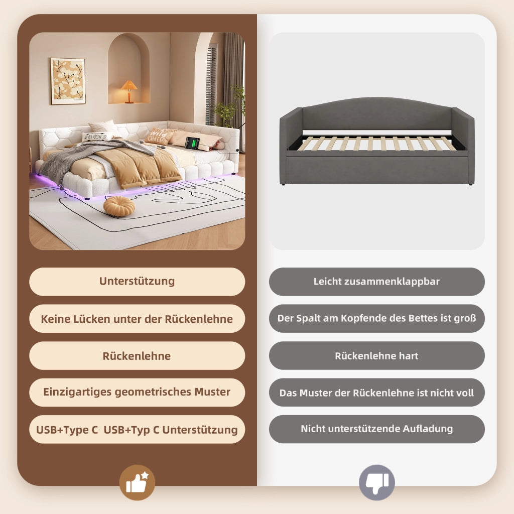 LETTO Giorno 140x200 cm con illuminazione LED, USB e Type-C, Bianco