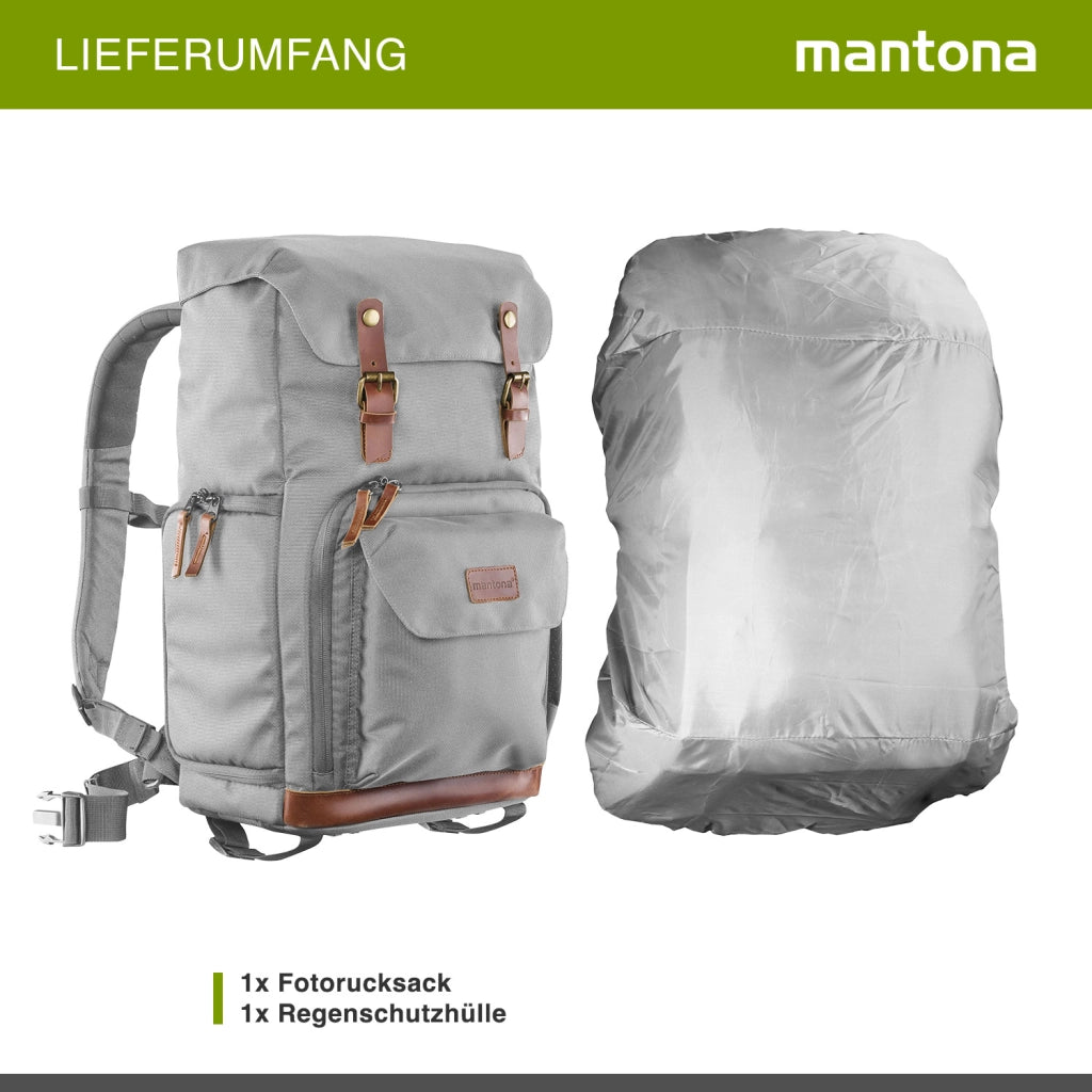 Mantona Luis Retro Zaino fotografico grigio, per fotocamera con copertura antipioggia, borsa fotografica con scomparto per laptop, DSLR, 3 obiettivi e accessori fotografici