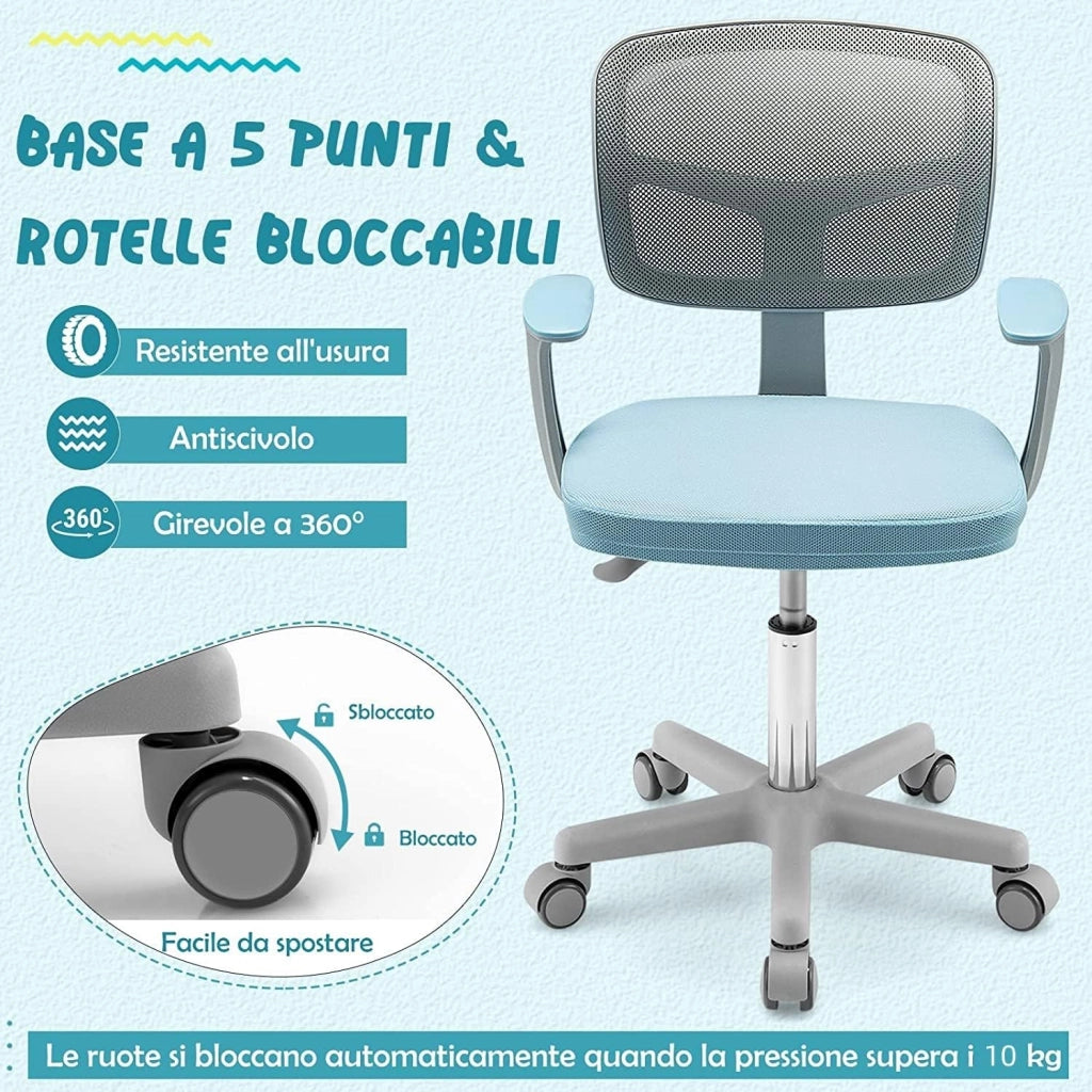 Sedia per Scrivania per Bambini, Sedia per Computer per Bambini con Altezza Regolabile, Ruote con Freni, Sedile Girevole a Rete, Sedia Ergonomica per Bambini 3-10 Anni (Blu)