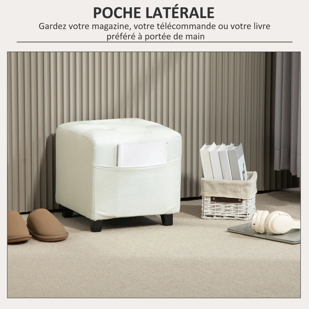 Pouf imbottito con tasca laterale ¨C zephmum ¨C Tessuto effetto lino, crema, 35x35x35 cm