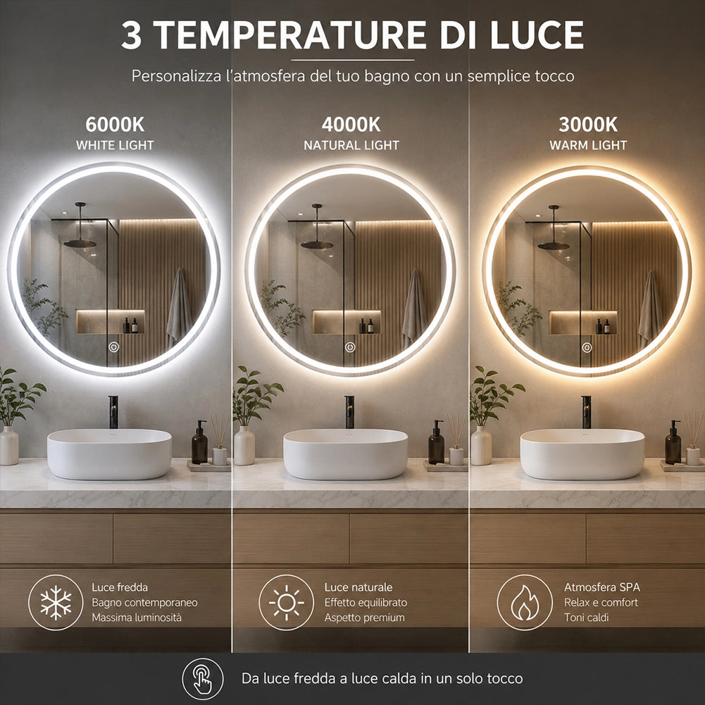 Specchio Tondo Diametro 70 cm con Led a 3 Colori Dimmerabile Accensione Touch