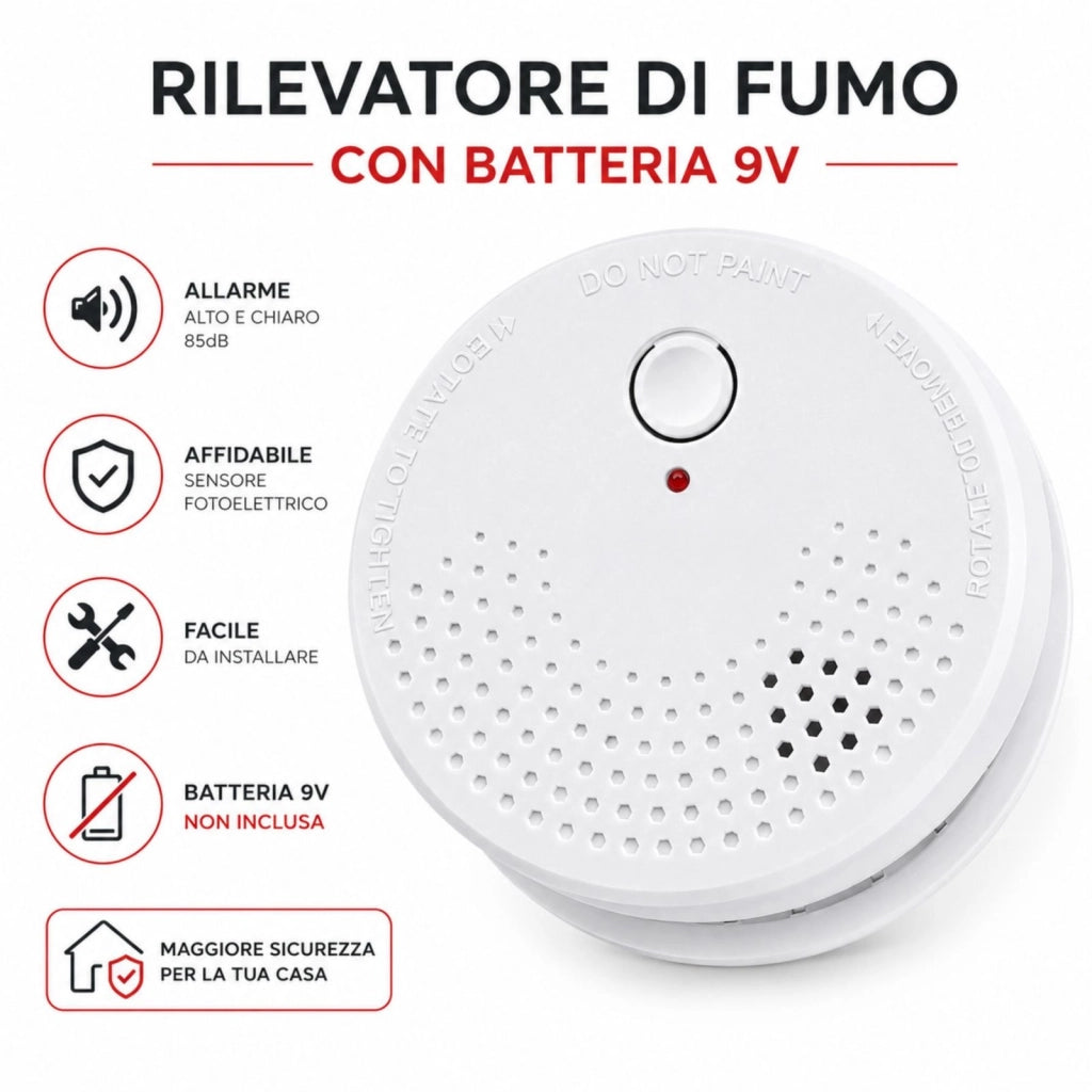 Rilevatore di Fumo Fotoelettrico TSS912A, Allarme 85 dB, Batteria 9V