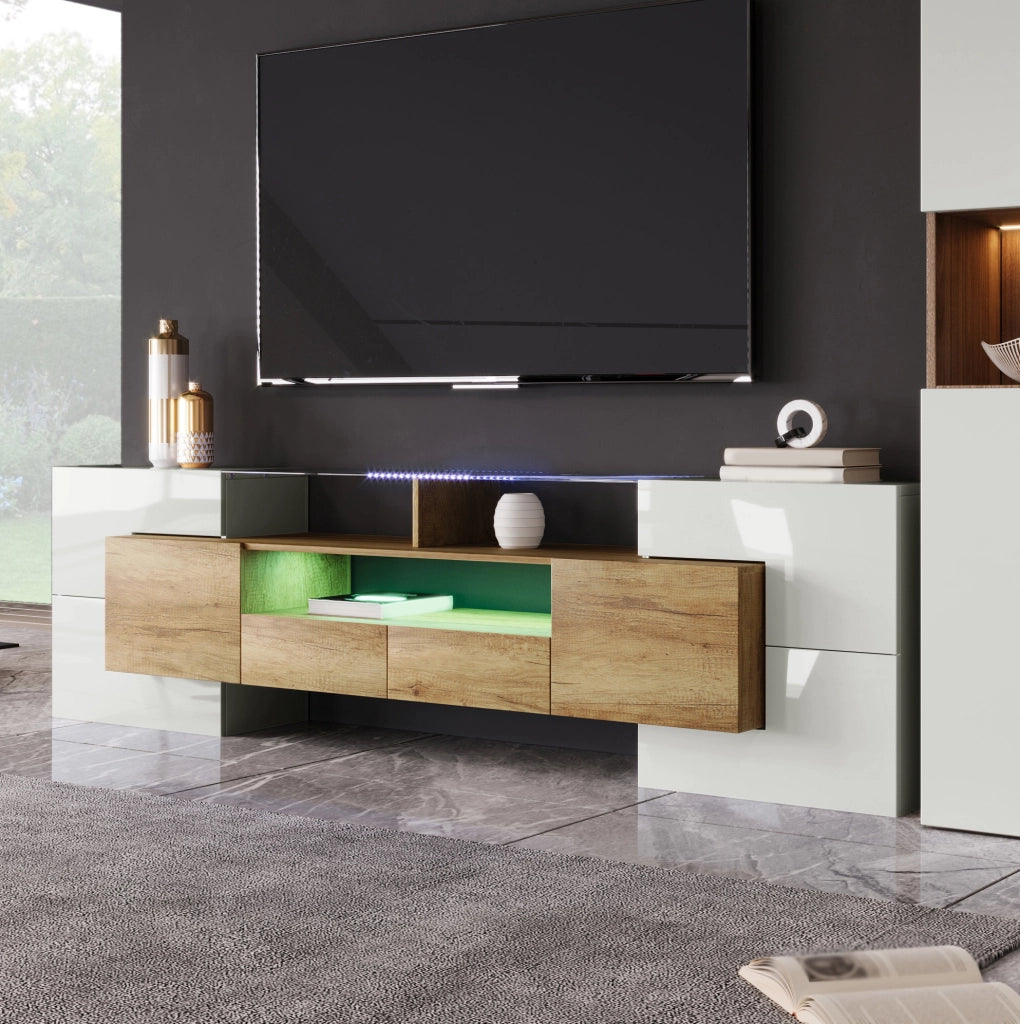 Mobile TV 200 cm bianco lucido e finitura legno con LED multicolore