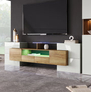Mobile TV 200 cm bianco lucido e finitura legno con LED multicolore