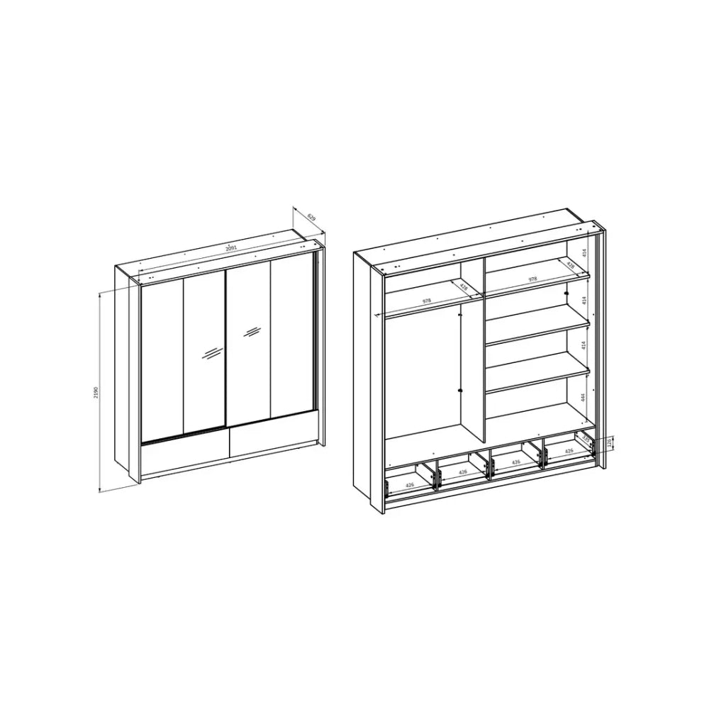 Armadio a 2 porte con specchi, 2 cassetti, appendiabiti e 5 ripiani color rovere e beige.