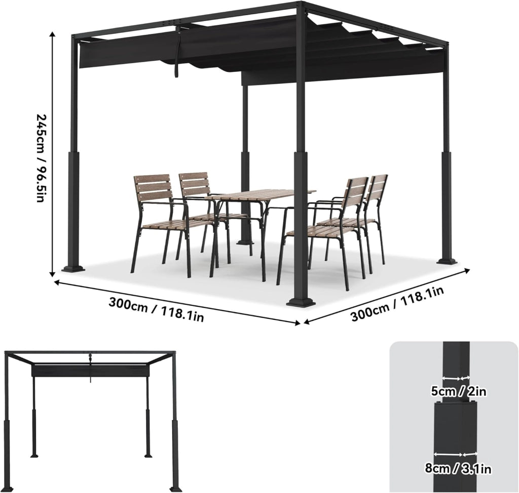 Pergola 3x3m, baldacchino impermeabile, stabile invernale, gazebo con ombreggiatura regolabile, protezione solare per giardino, terrazza e balcone, nero