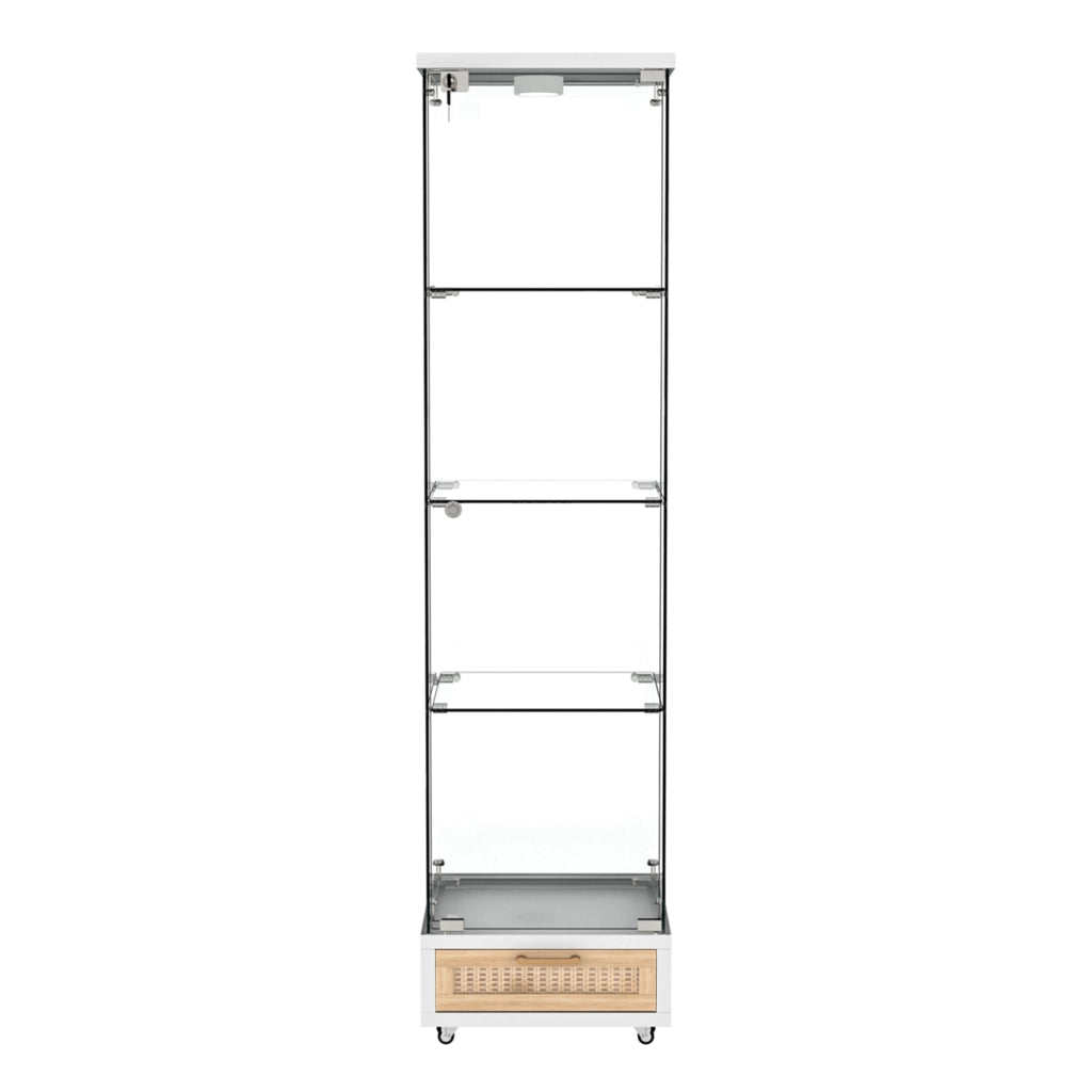 Libreria Vetrina con Cassetti e LED ¨C MINIMAL ¨C Bianco, Vetro Temperato, 1 Anta, 4 Ripiani, 42.5x36.5x167 cm