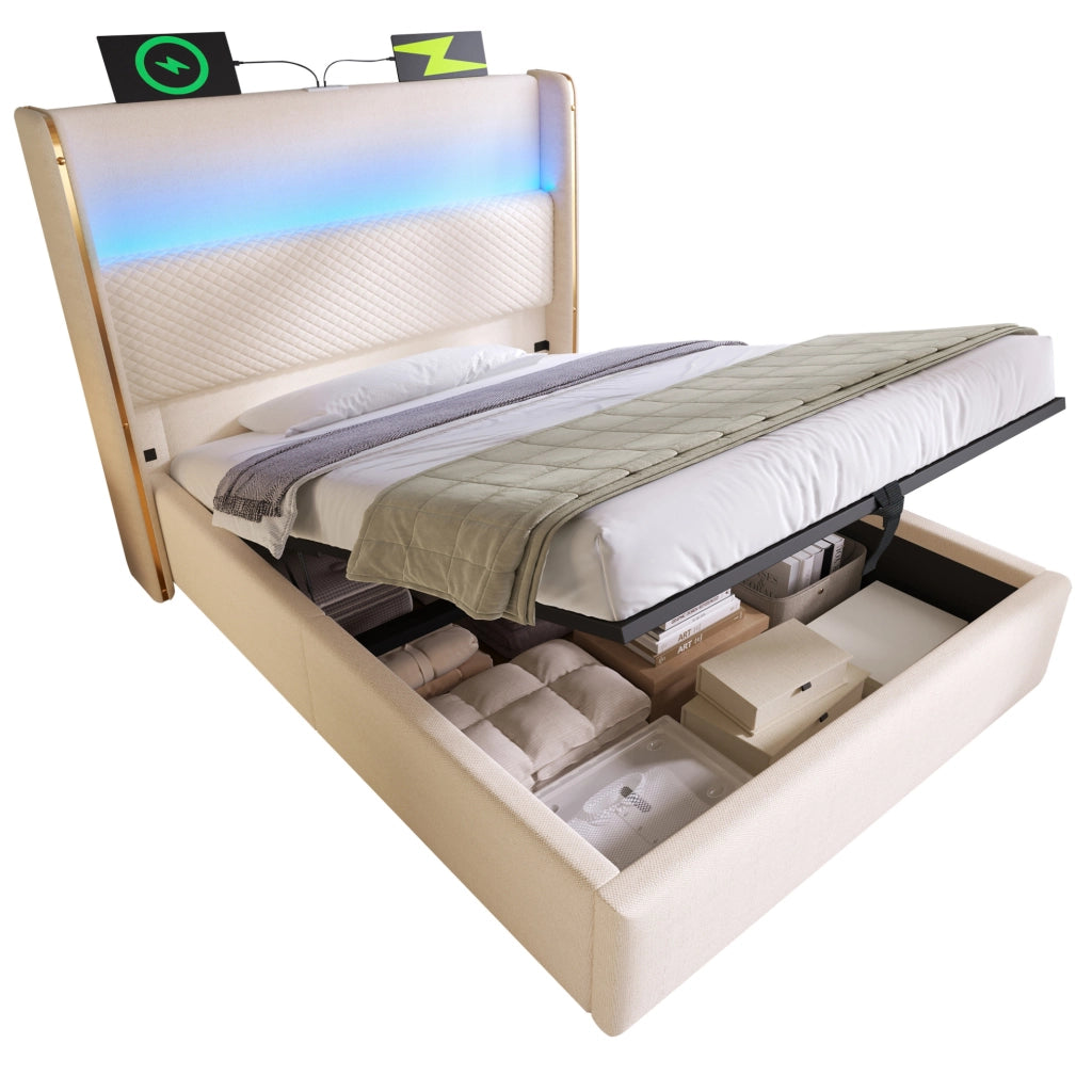 Letto matrimoniale singolo 90x200 cm con testiera alta; LED; stoccaggio e porte USB Type C; beige
