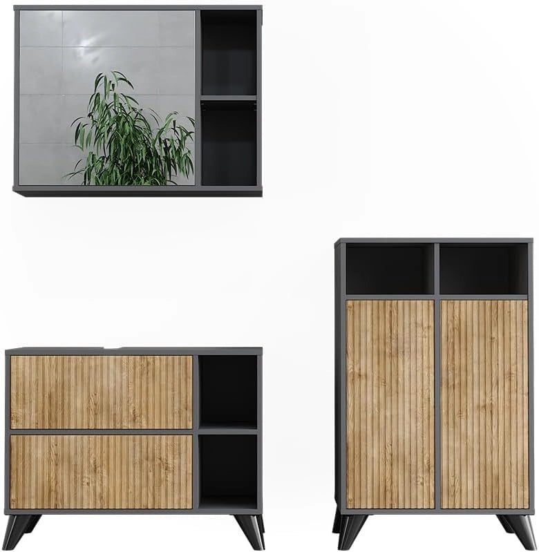 Set di mobili da bagno Leano, Antracite/quercia di montagna, 80 cm, composto da mobile sottolavabo, specchiera e mobile medio