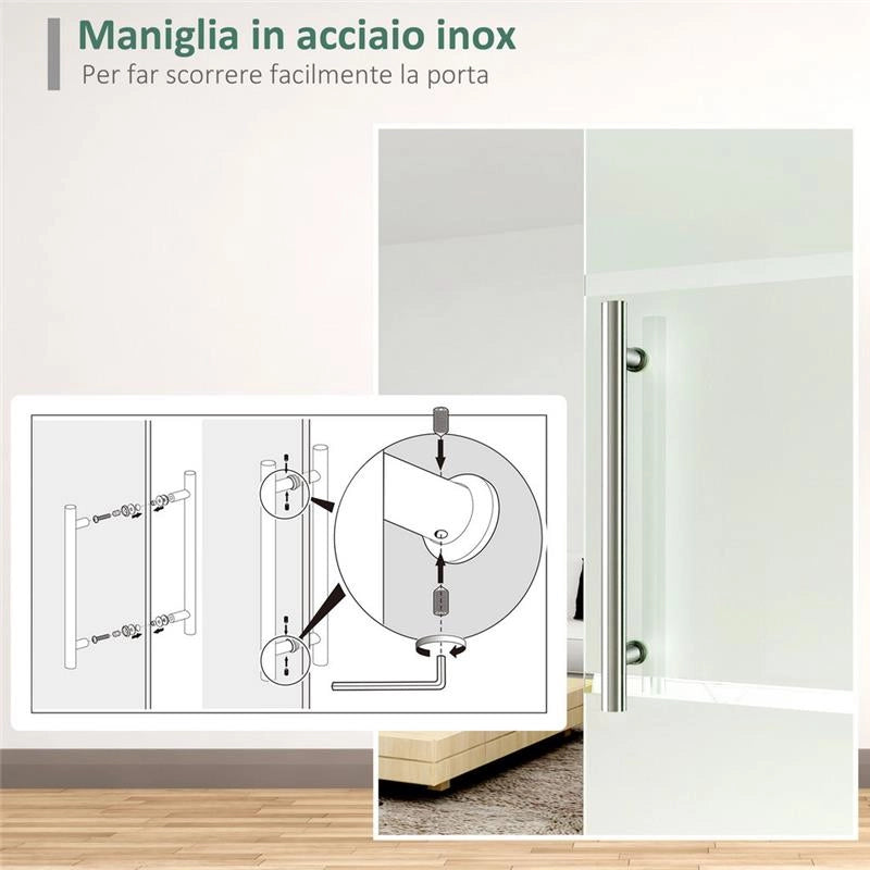 PORTA SCORREVOLE IN VETRO SATINATO CON STRISCE TRASPARENTI A BINARIO 90X205CM