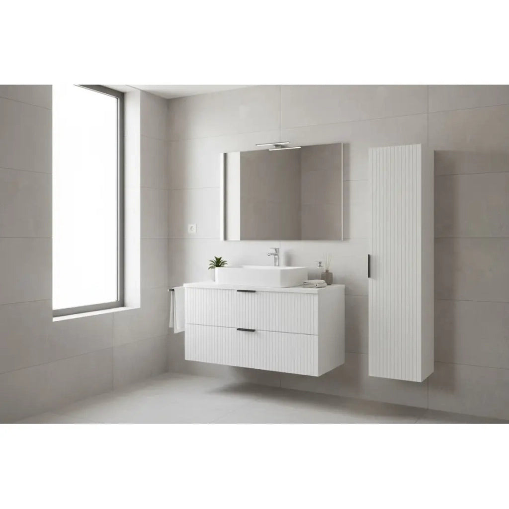 Set da bagno NOXERA 60 cm - Mobile sottolavabo sospeso bianco alpino opaco con piano per lavabo e colonna murale