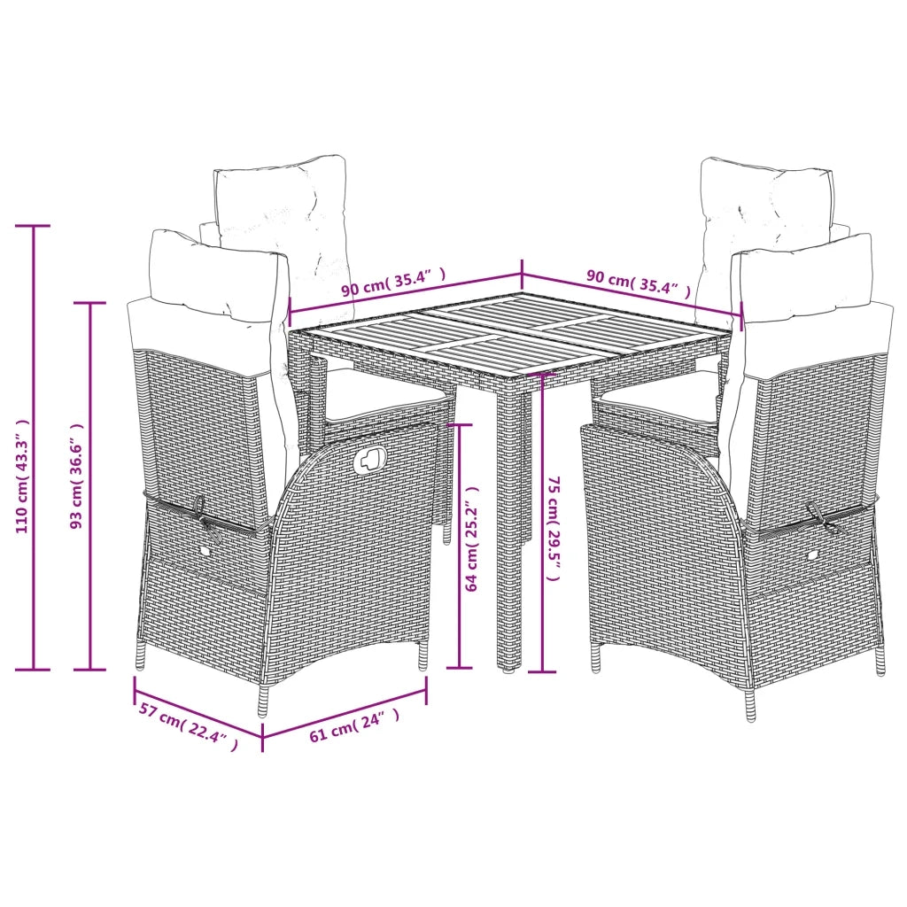 Set da Pranzo da Giardino 5 pz Nero con Cuscini in Polyrattan