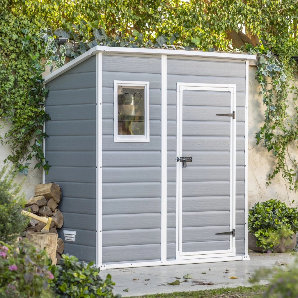 Manor Pent 6x4- Casetta da Giardino 183,50x200,50x111 cm 1 Anta per deposito attrezzi finitura effetto legno graffiato in Resina Grigio