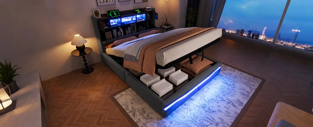 Letto imbottito 140x200 cm con contenitore idraulico, illuminazione LED e presa USB, grigio