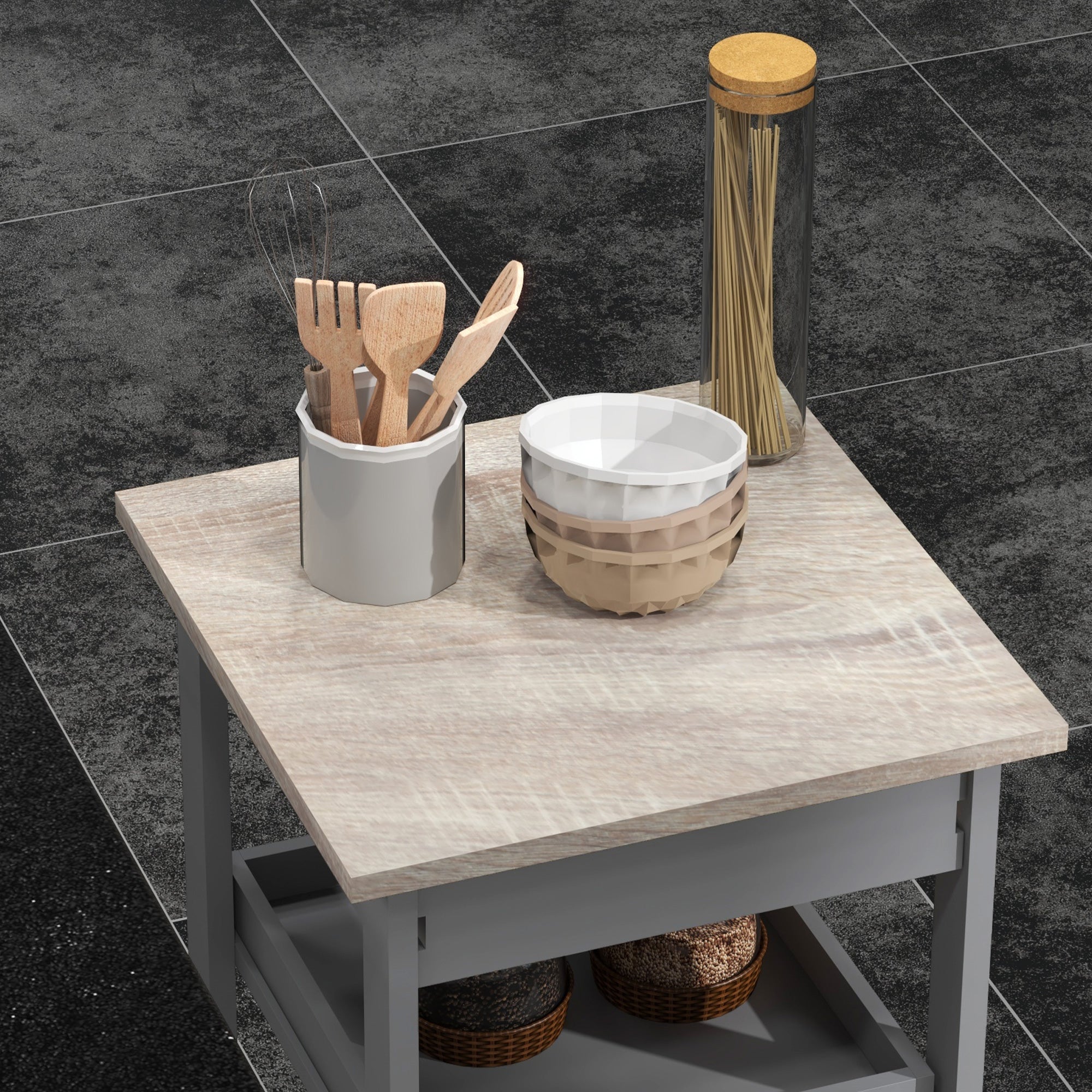 Carrello da Cucina 37x37x76 cm in Legno di Pino e MDF Rovere e Grigio