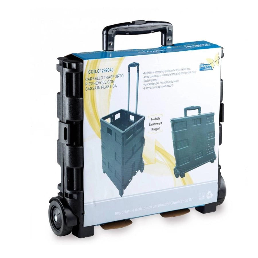CARRELLO PIEGHEVOLE CON CASSA IN PLASTICA E RUOTE 38X33X87H CM