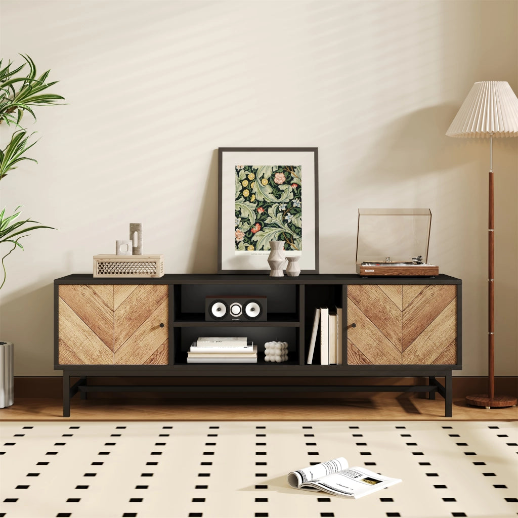 Mobile TV da 150 cm ¨C design a contrasto nero e legno con spazio contenitivo versatile, comprendente ante, vani orizzontali e verticali, design