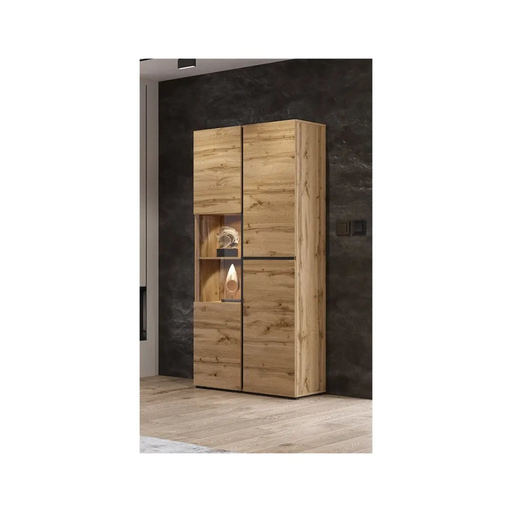 Vetrina alta 2 porte collezione HAVANA. Colori rovere e nero.