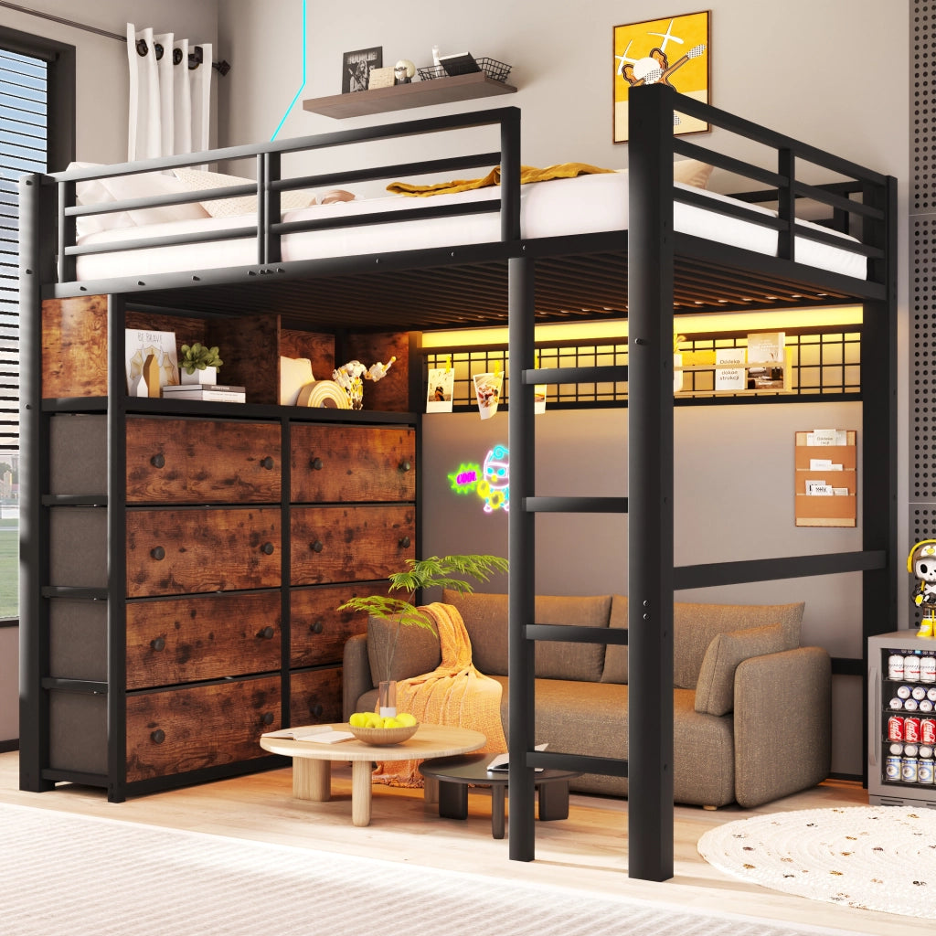 LETTO ALTO 140x200 cm Nero in Metallo e MDF con 8 cassetti