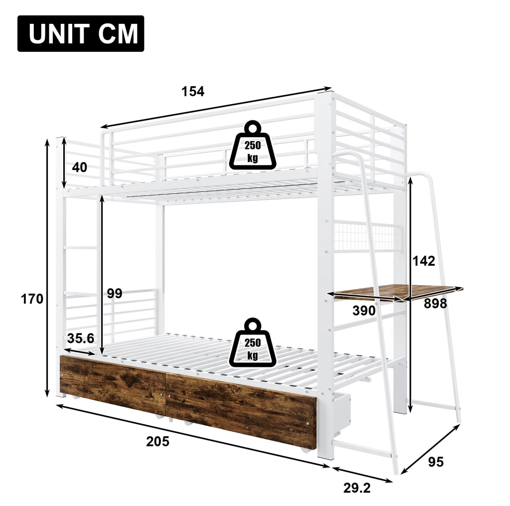 Letto a castello 90x200 cm con cassetti in MDF e metallo, portata 250 kg