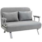 Divano letto a due posti con funzione letto e cuscini, regolabile, portata massima 150 kg, colore grigio chiaro.