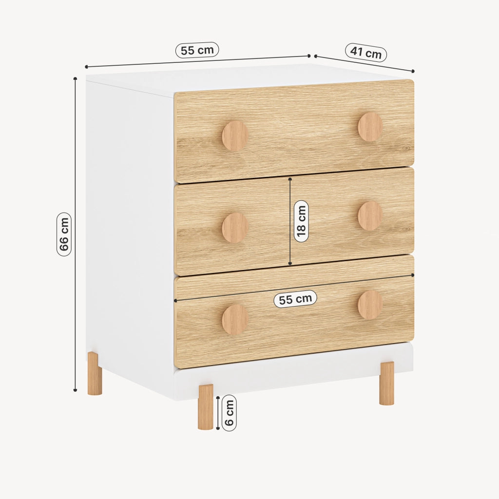 Cassettiera Vaarentaa per Cameretta con 3 Cassetti 66x55x41 cm - Bianco/Effetto Rovere [en.casa]