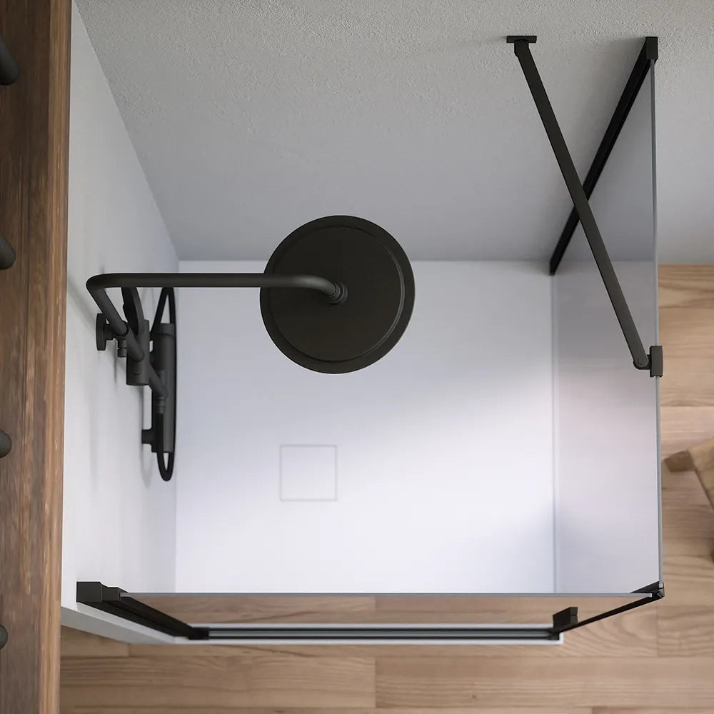 Box doccia 75x90cm con apertura a battente e parete fissa, profili nero opaco e vetro da 6mm trasparente h195 | Elba