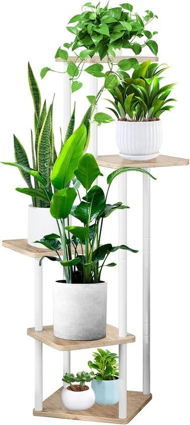 Standaard per fiori 5 strati, supporto per piante, supporto per piante in legno e metallo, altezza 106 cm, tavolo per piante per piante da appartamento, stabile e spazievitore per salotto, balcone e ufficio