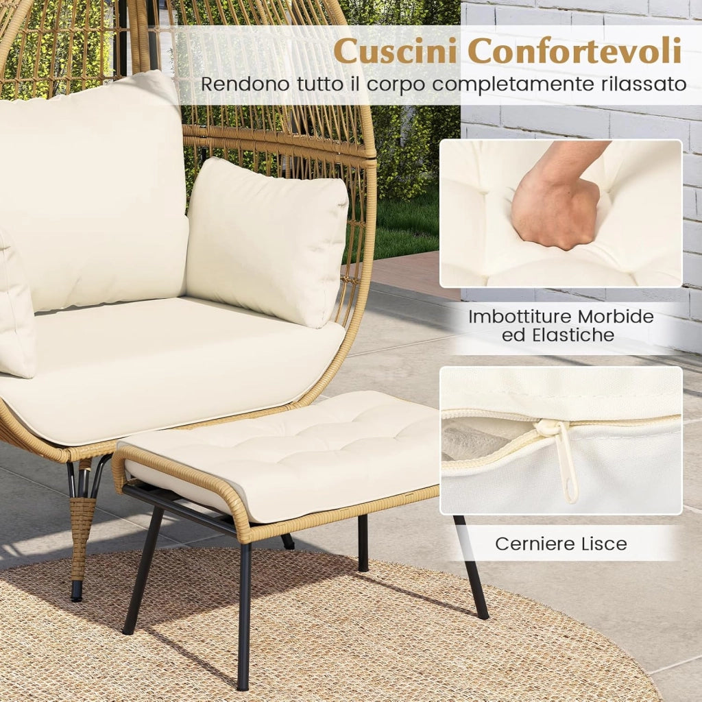 Sedia a Uovo con Poggiapiedi, Set da 2 Pezzi in Rattan con Struttra in Metallo e Cuscini Morbini, Portata 205 kg, Poltrona Relax per Soggiorno, Terrazzo, Giardino e Cortile