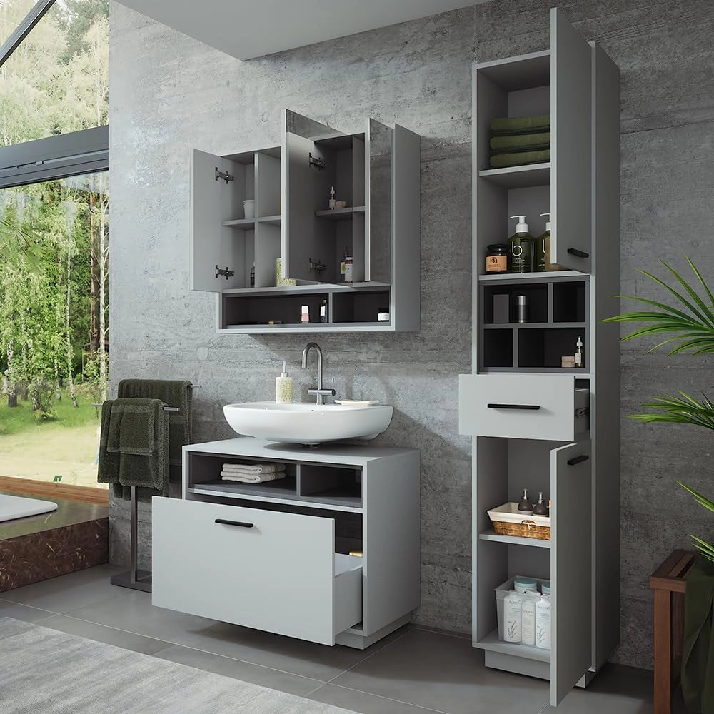 Set di mobili da bagno Beatrice, Grigio/antracite, 80 cm, composto da mobile sottolavabo, specchiera e colonna alta