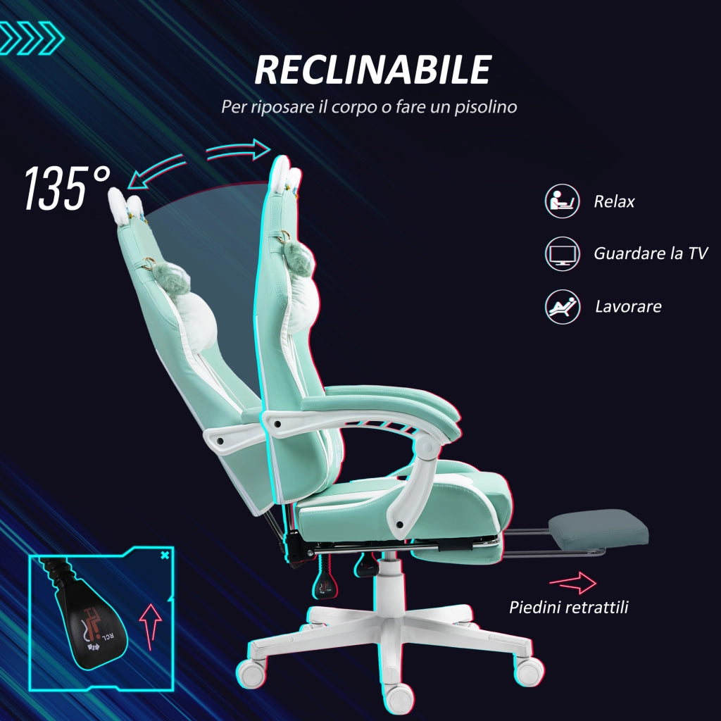 Poltrona da Gaming Reclinabile ¨C zephmum ¨C Pelle e Spugna, Bianco e Blu, 65x62x116-124 cm