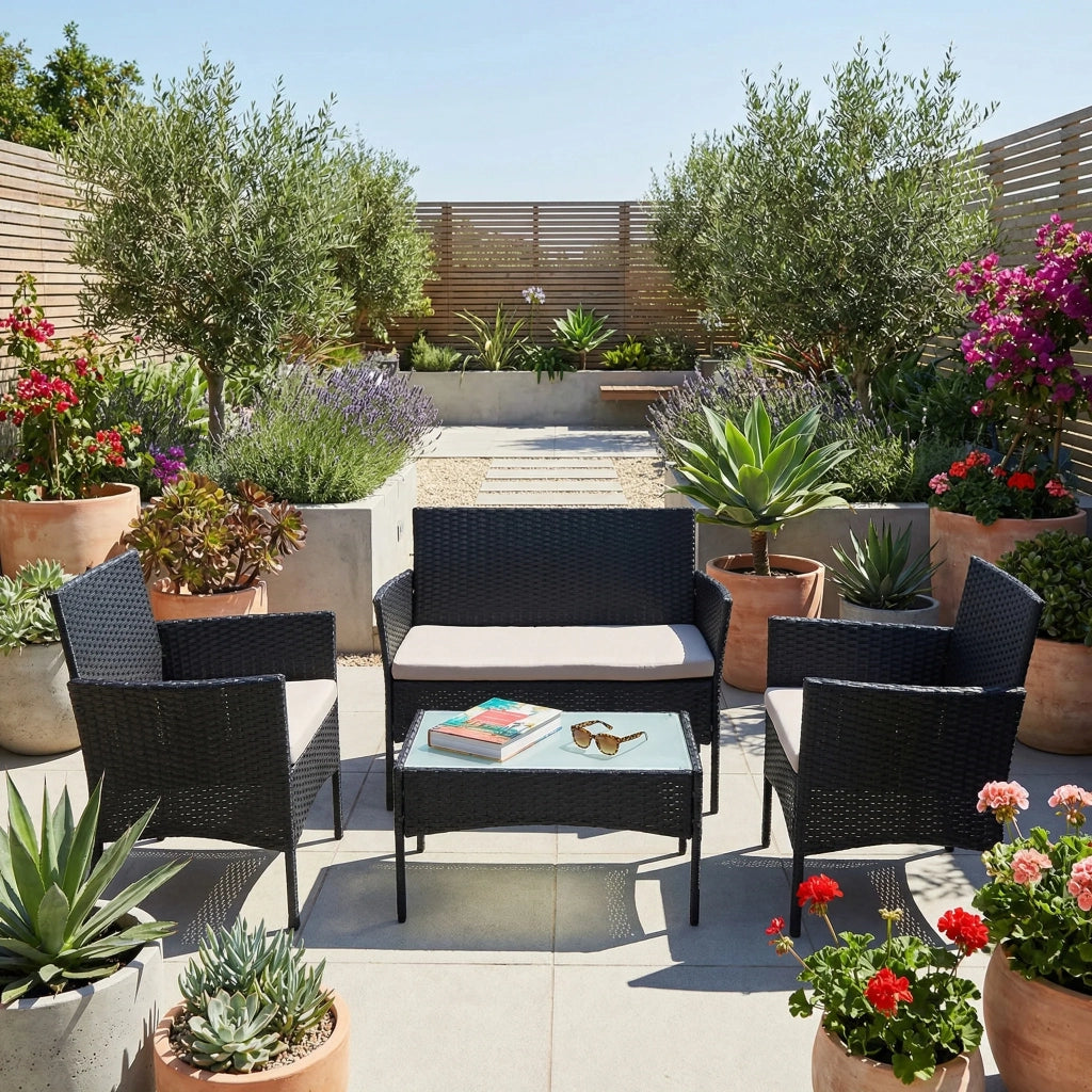 Set salotto da giardino Nivo in rattan sintetico, divano + 2 poltrone + tavolino con top in vetro