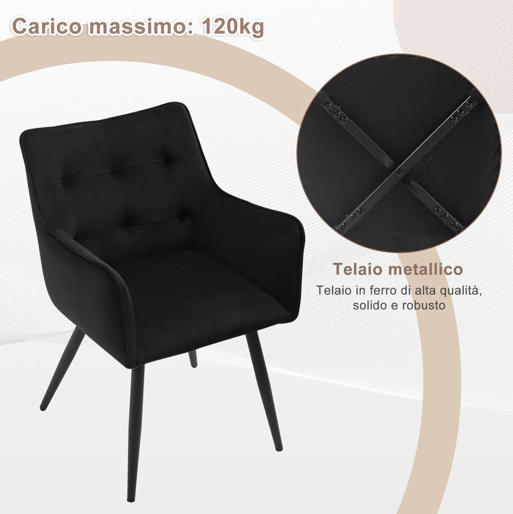 Set di 2 Sedie da Pranzo Moderne, Sedie da Cucina con Schienale e Braccioli, Poltroncine Imbottite con Gambe in Metallo, per Salotto, Ufficio e Cameretta, in Velluto, Nero, BH374sz-2