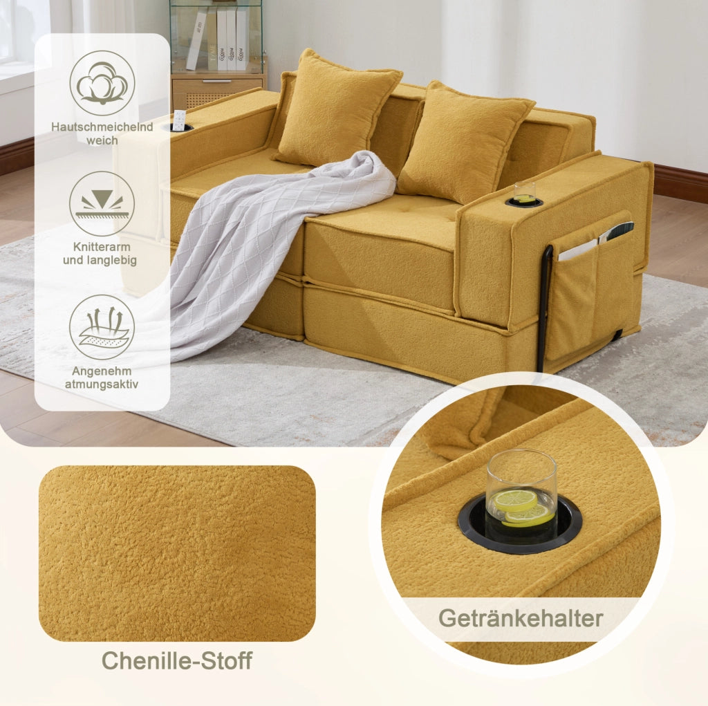 Pouf-sofà in ciniglia giallo senape con tasche laterali e cuscini