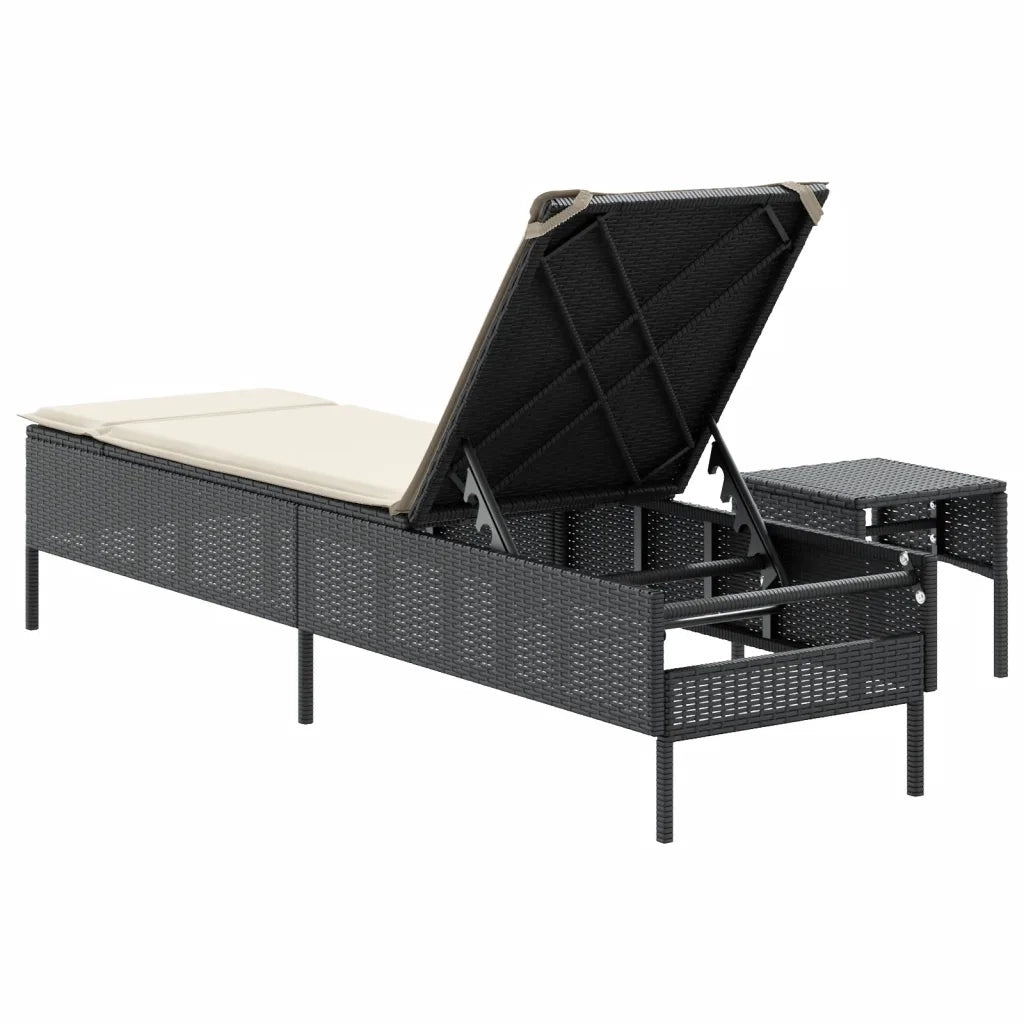 Lettino Prendisole | Sdraio da giardino | Lettino da sole con Tavolo e Cuscino Nero in Polyrattan
