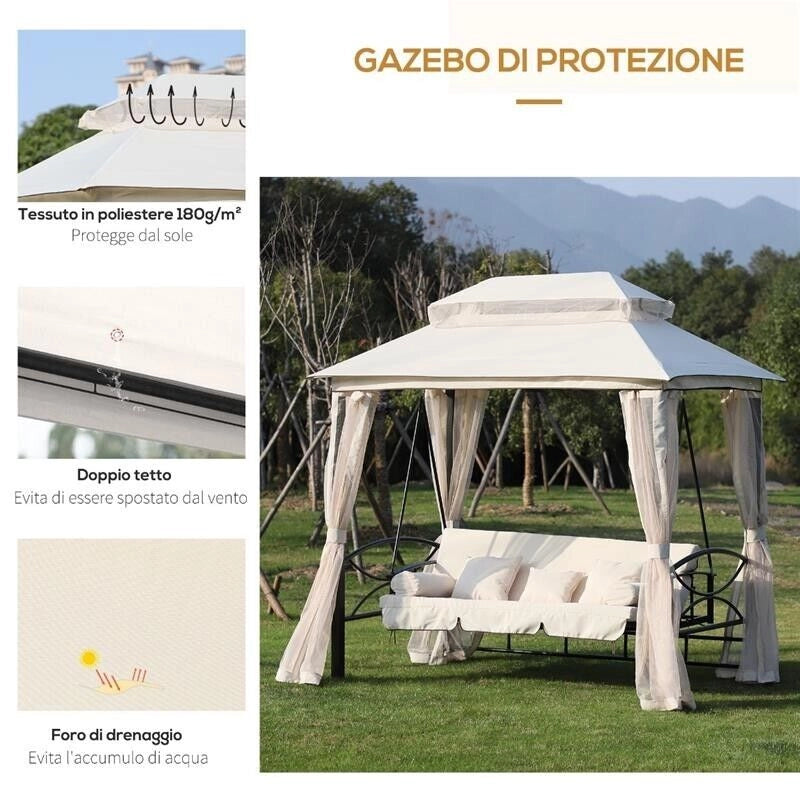 DONDOLO A GAZEBO RECLINABILE 3 POSTI CON ZANZARIERA E CUSCINI BEIGE
