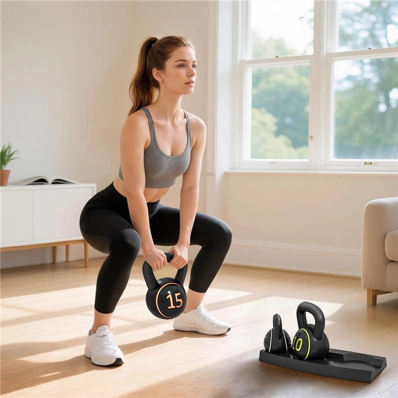 SET 3 KETTLEBELL DA 2.2 KG, 4.5 KG E 6.8 KG CON BASE PIATTA E PORTAPESI, IN PLASTICA E SABBIA, NERO
