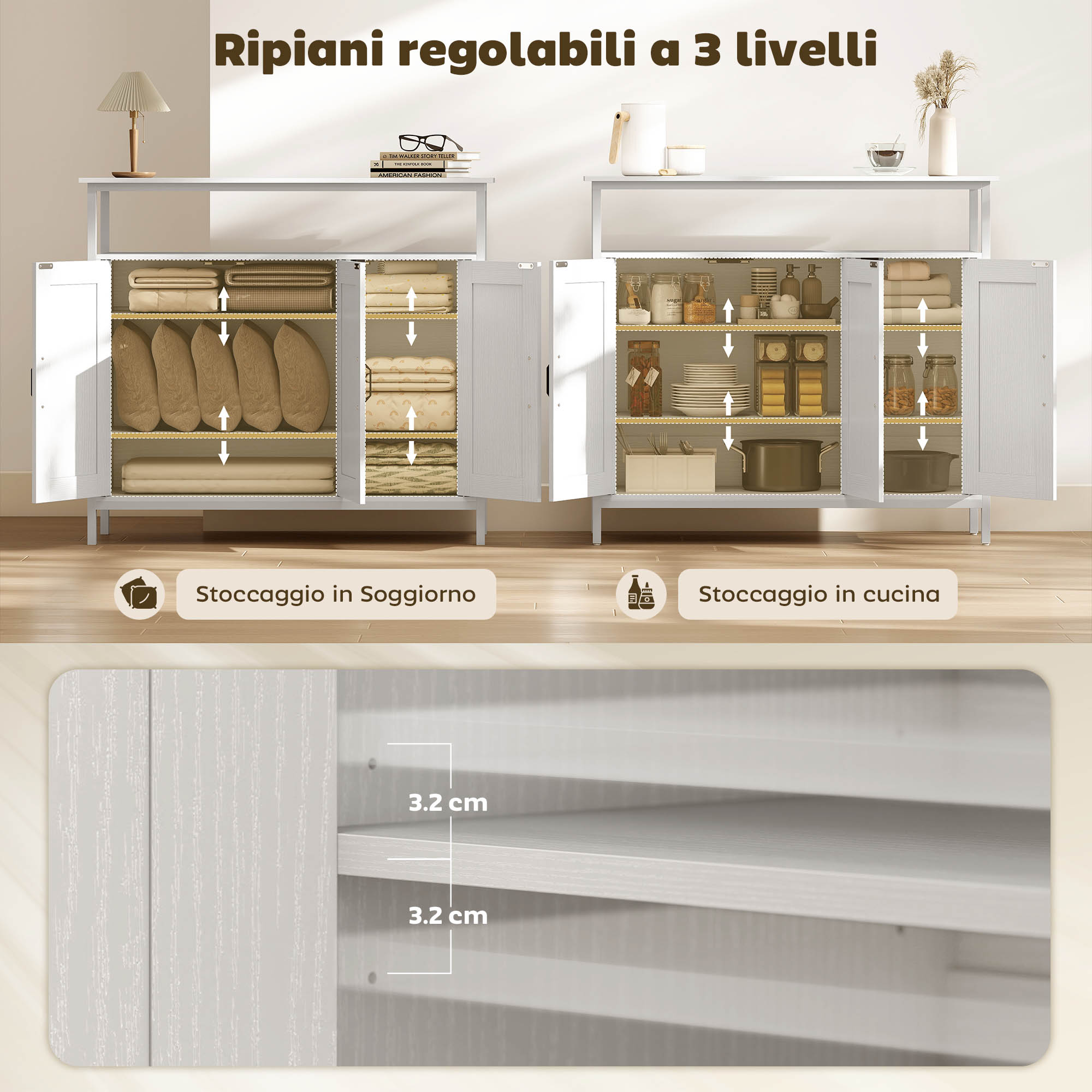 Mobile Basso Credenza da Cucina 100x35x88 cm con Armadietti e Ripiani a Giorno in MDF Bianco