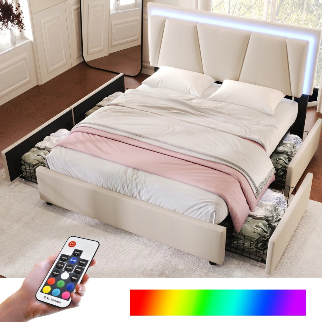 Letto matrimoniale 160x200 cm beige con LED, 4 cassetti e materasso