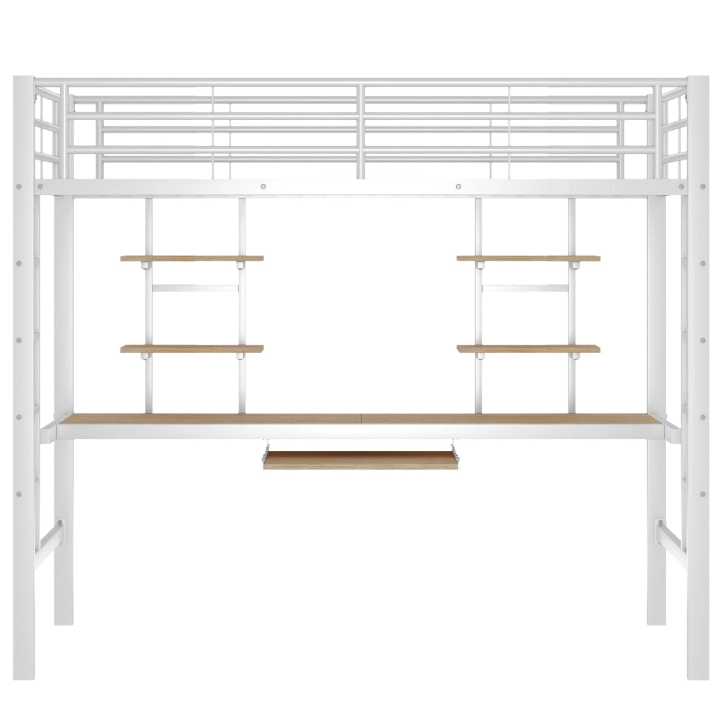 Letto a soppalco 90 × 200 cm con scrivania, 2 librerie e scala, senza materasso, in metallo bianco