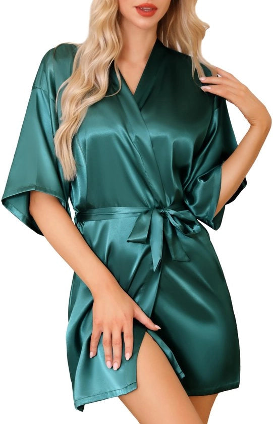 Kimono da Sposa Donna in Satin, Abito da Bagno Corto Sexy per Donna, Felpa da Camera per la Sposa, Felpa da Sposa Giapponese con Cinturino, Verde Scuro, XL