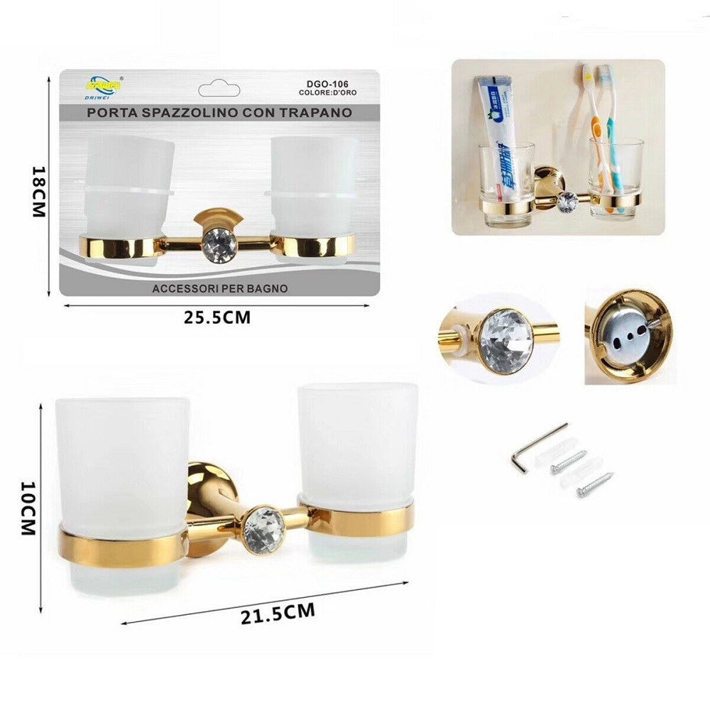 Trade Shop - Doppio Bicchiere Supporto Bagno Porta Spazzolino Denti Muro Dorato Oro Dgo-106 -