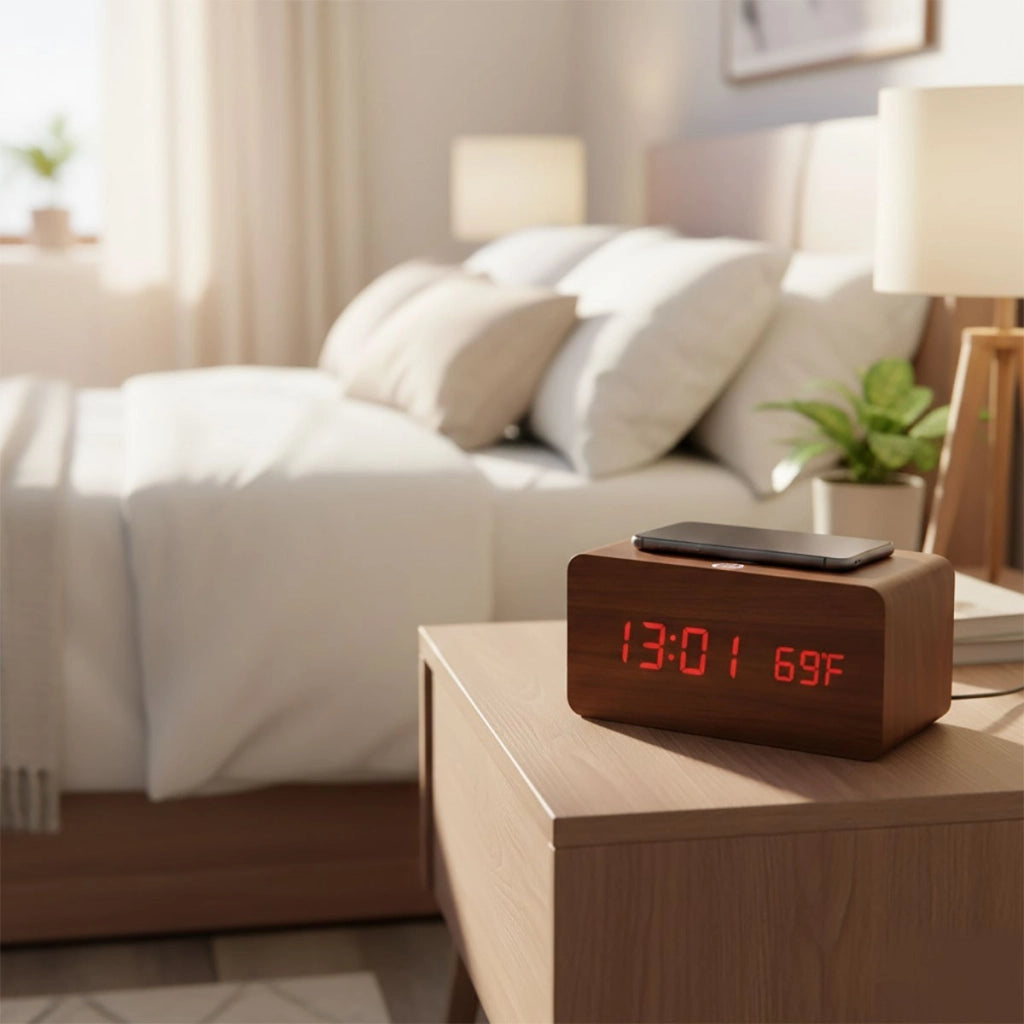 SVEGLIA DIGITALE MULTIFUNZIONE LEGNO LED RICARICA WIRELESS TEMPERATURA 06724