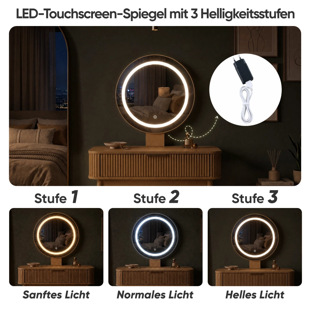 Toeletta con specchio rotondo e illuminazione LED a 3 modalità, cassetti capienti, colore rovere 80 × 40 × 133 cm