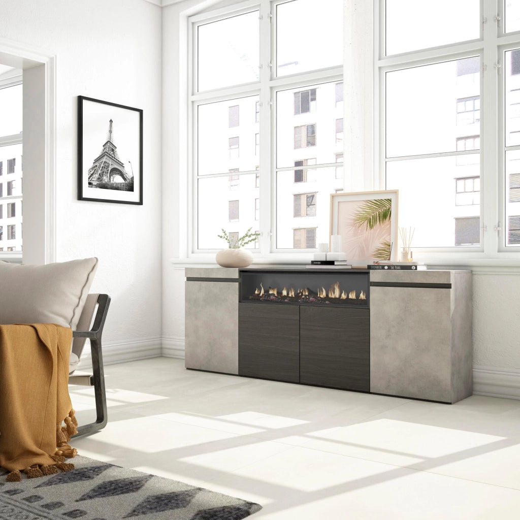 Credenza, Mobile, 200x35x75cm, 4 Porte, Camino elettrico, grigio cemento RF2306