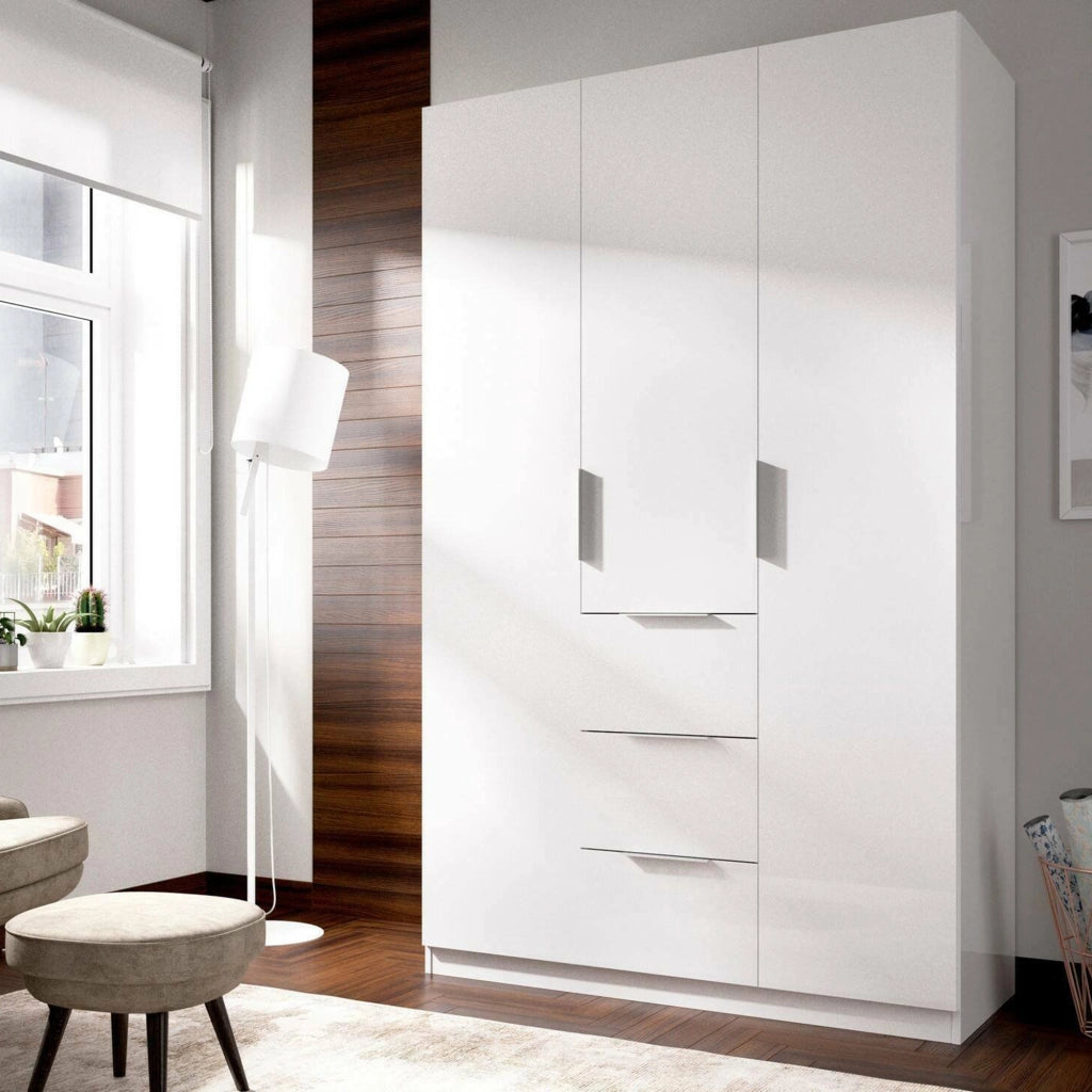 Guardaroba Anabela, Mobile appendiabiti per camera da letto, Armadio a 3 ante battenti e 3 cassetti, 135x52h204 cm, Bianco