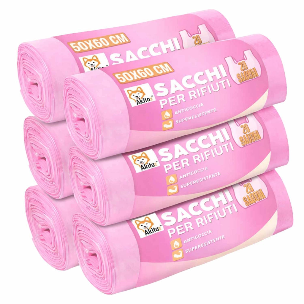 Akitaink 120 Sacchi Spazzatura 50x60 Rosa con Legacci
