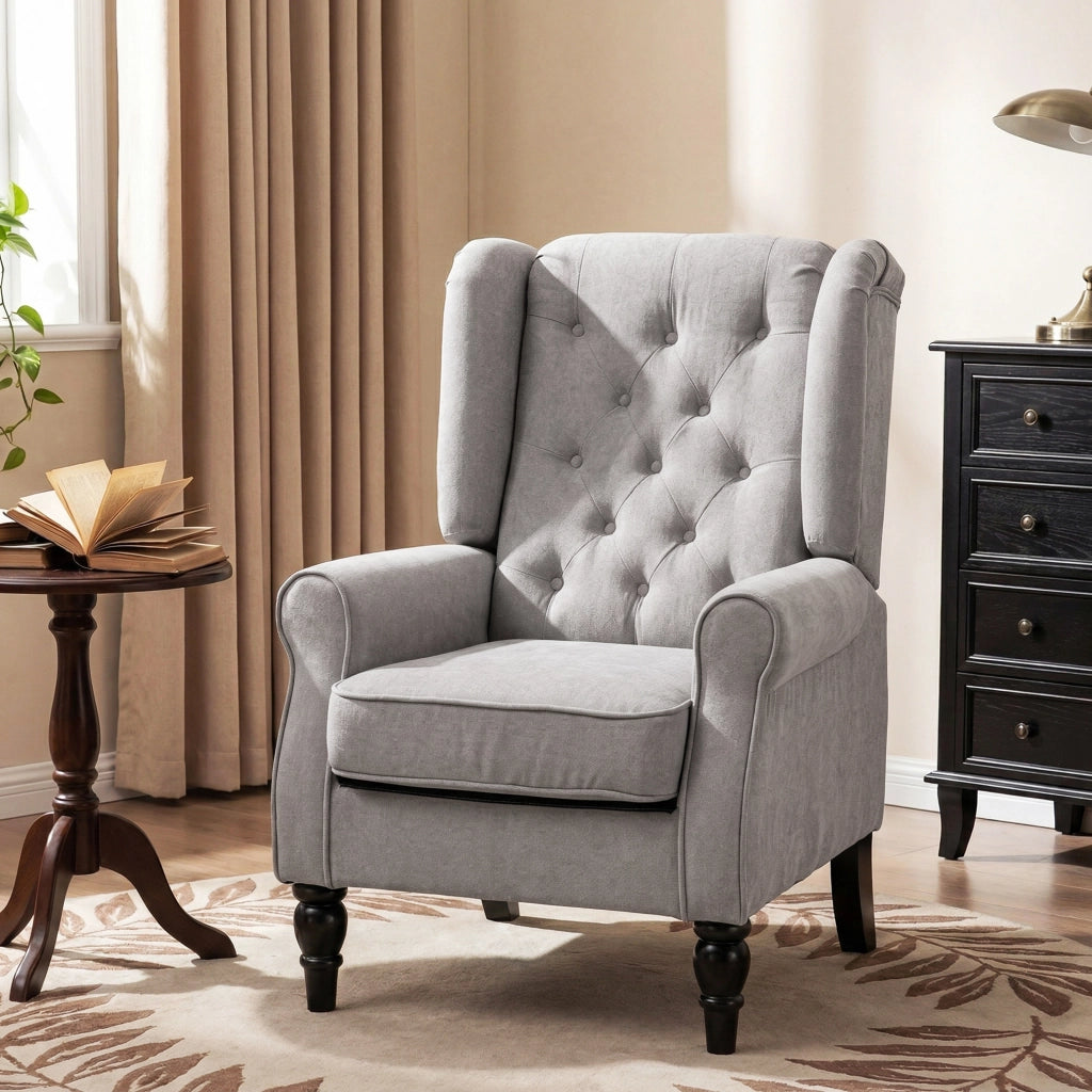 Poltrona Grigia Imbottita con Braccioli e Gambe in Legno ¨C zephmum ¨C 90x100x85